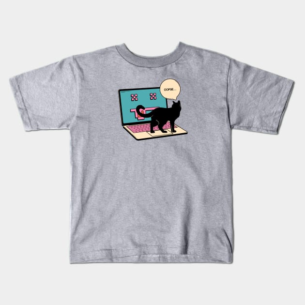 404 Error Laptop Black Cat in beige Kids T-Shirt by The Charcoal Cat Co.